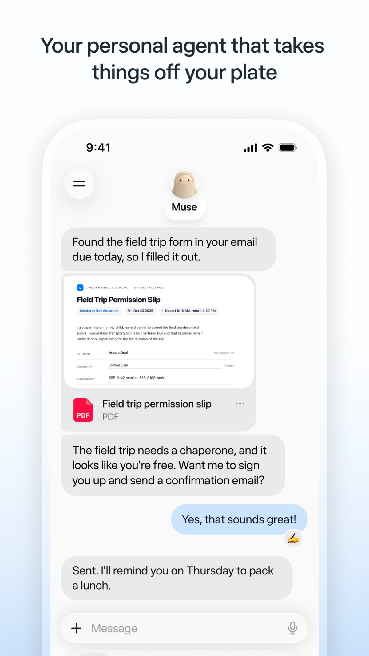 Meta Muse App Store screenshot showing the agent filling a field-trip form