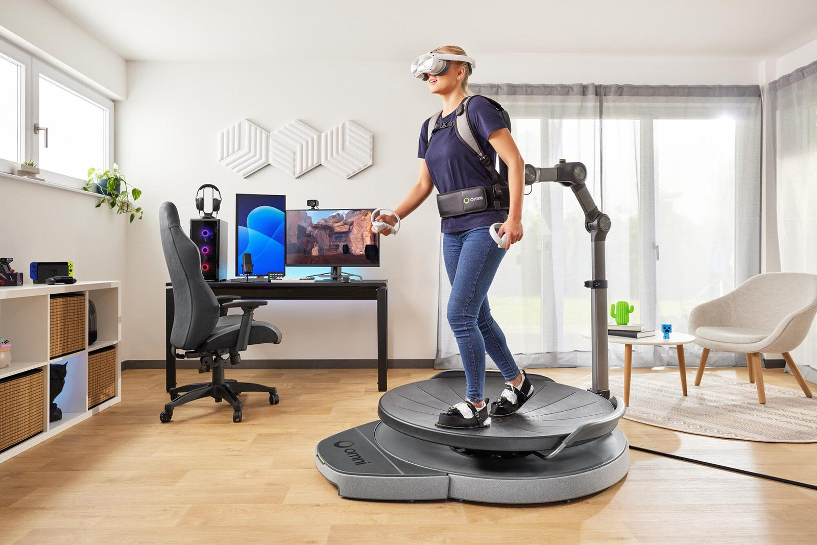 Virtuix Omni One full-body VR treadmill system in an office setting