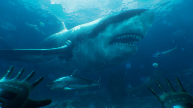 First-person VR dive facing a large shark underwater in Paleo Dive