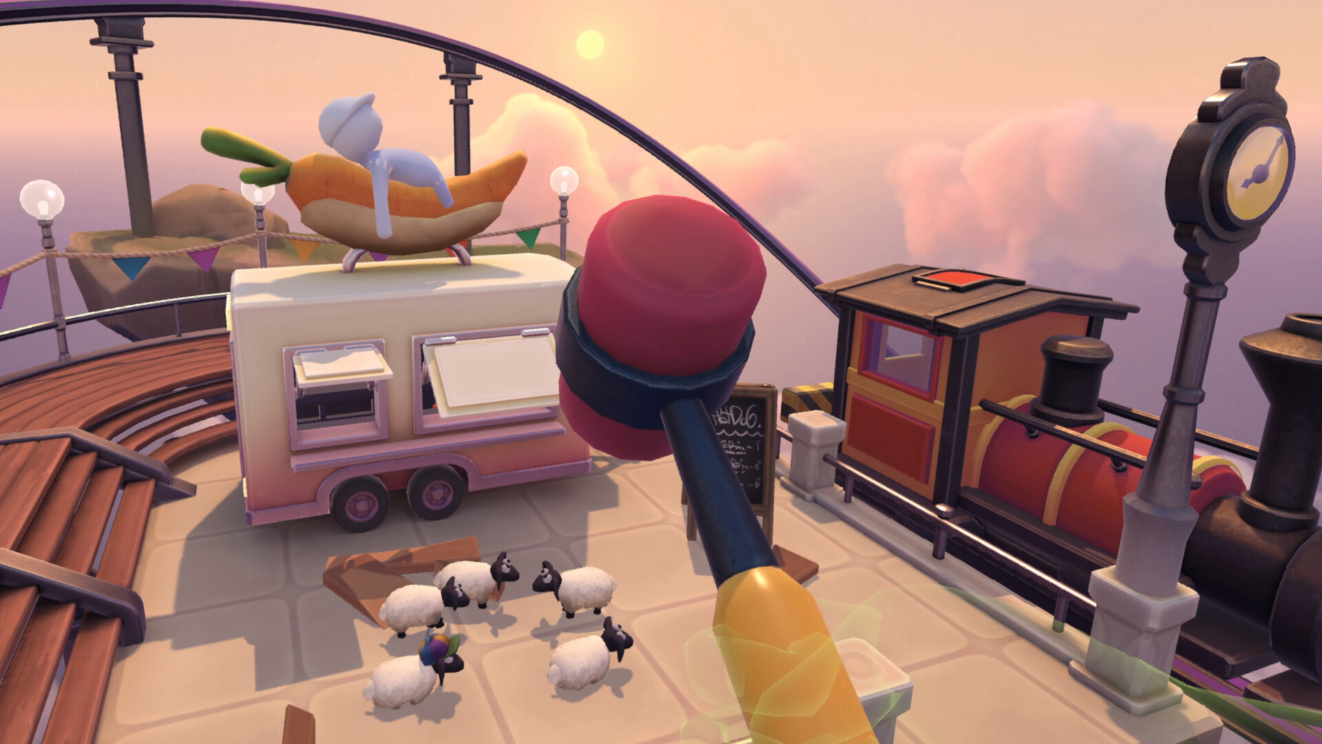 Tiny Flock physics puzzle scene with sheep and environmental objects.