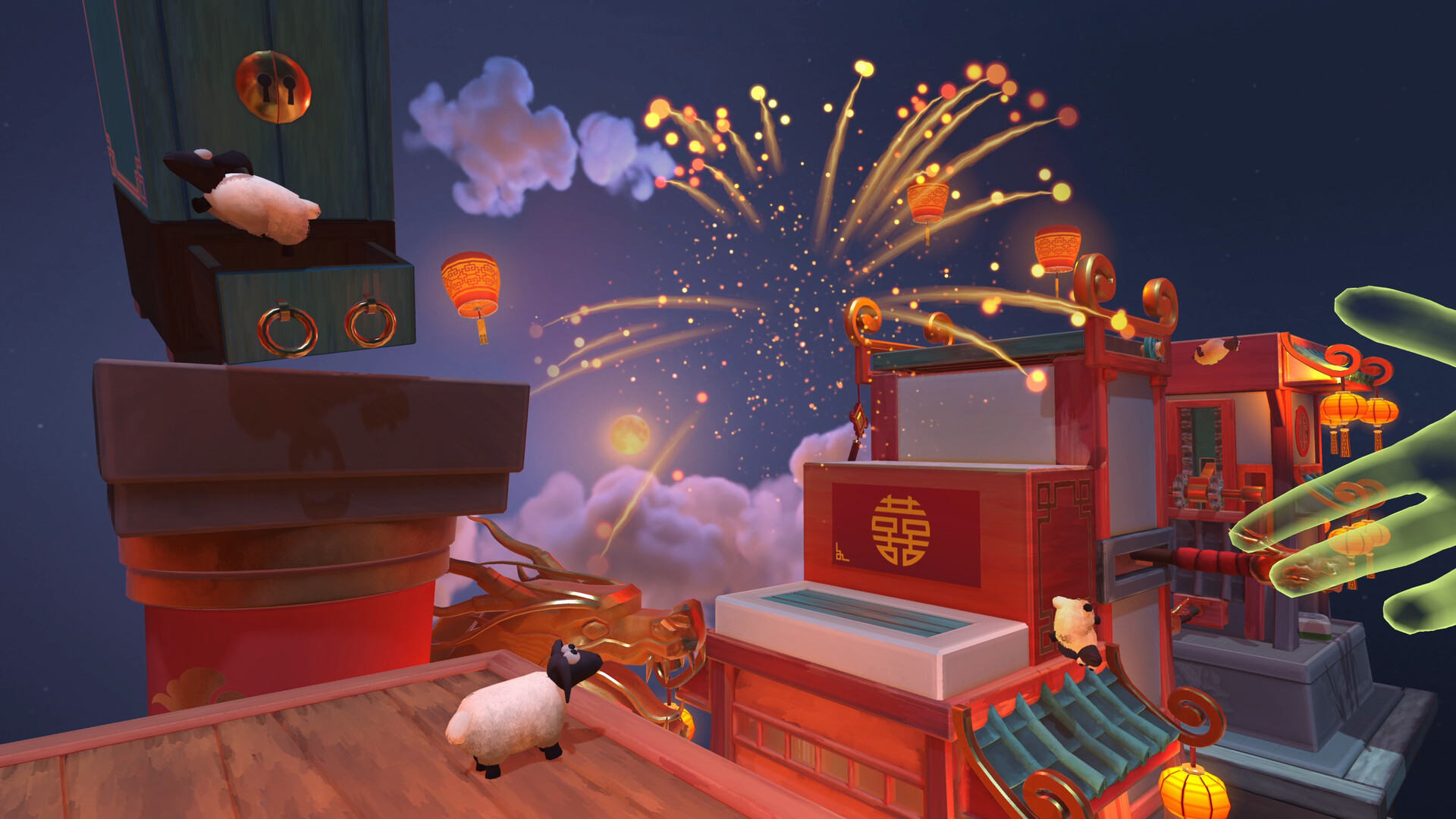 Tiny Flock handcrafted level with sheep heading toward a pasture.