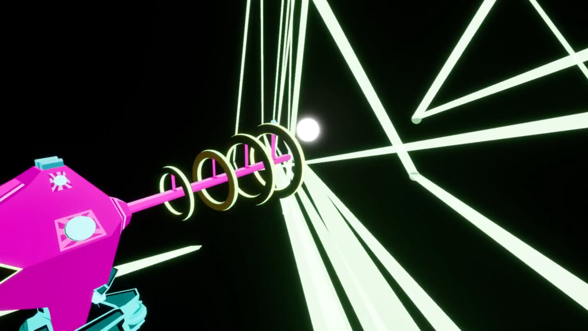 Axiomatik neon VR arcade platformer screenshot with glowing stripes in darkness
