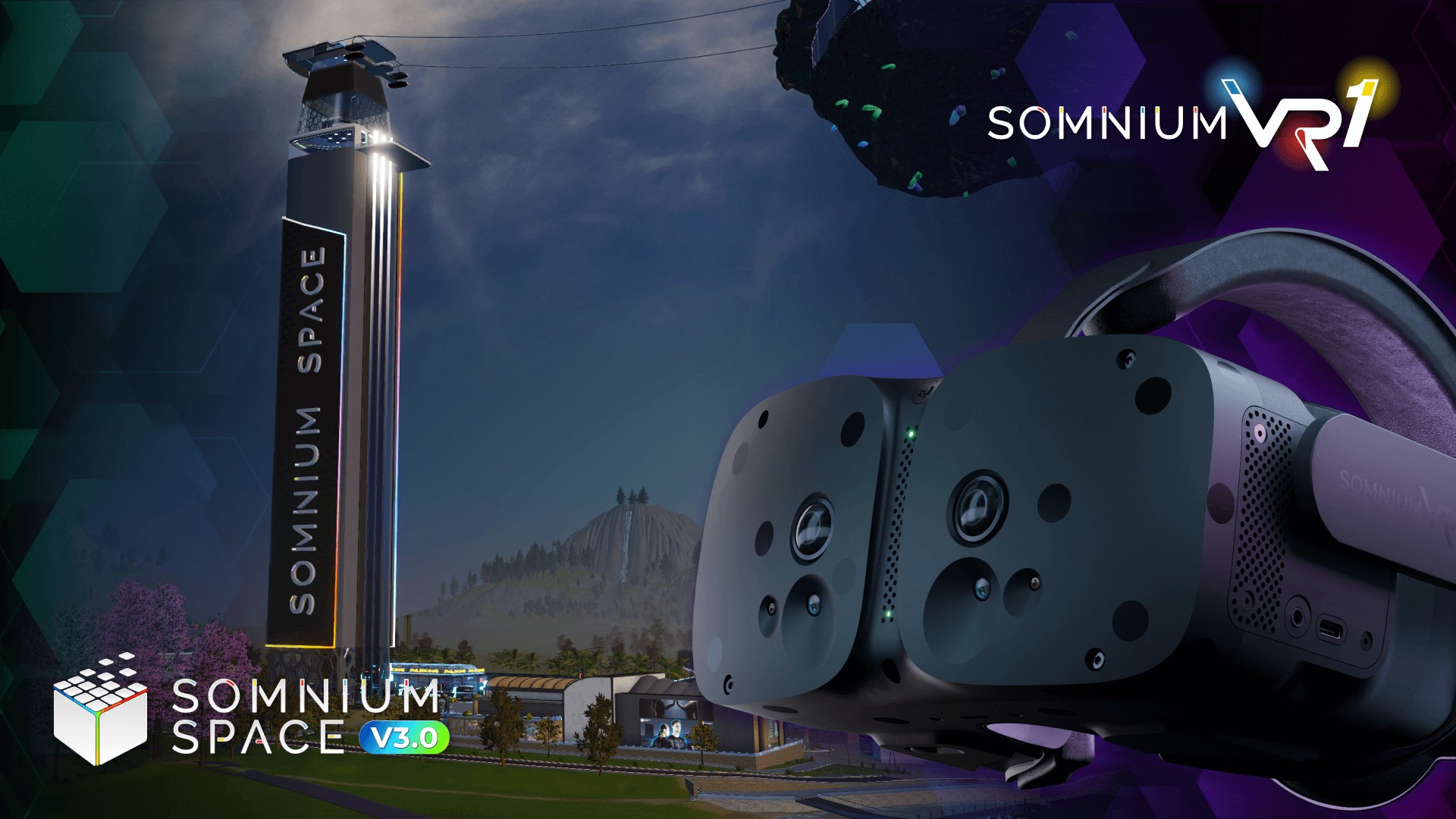 Somnium VR1 headset with Somnium Space platform backdrop