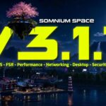 Somnium Space V3.1.7 release art highlighting DLSS, FSR, performance, networking, desktop, security, and social updates