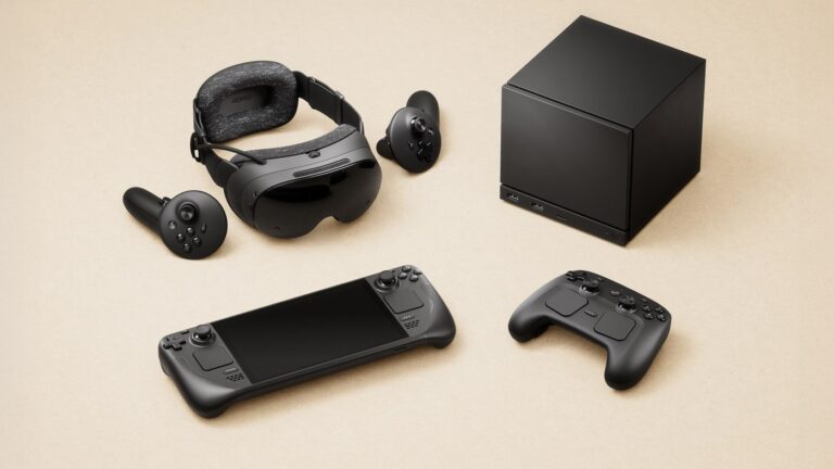 Valve Steam Frame headset beside Steam Machine and Steam Controller