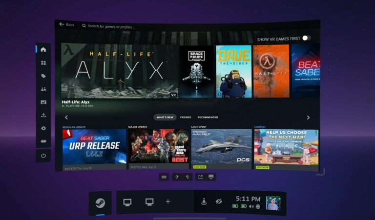 SteamVR dashboard showing library UI with Quick Access-style system bar