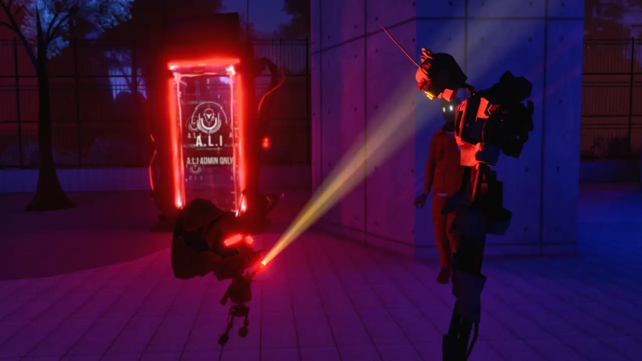 Searchlight sequence inside Uncanny Alley virtual city