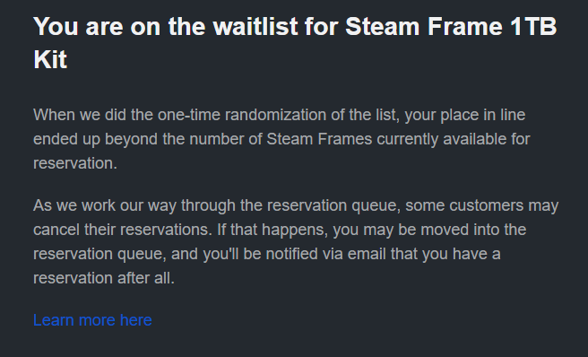 Example Steam Frame waitlist email