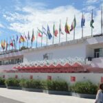 Venice Film Festival pavilion on the Lido at dusk
