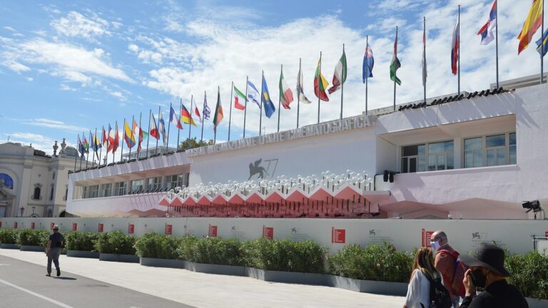 Venice Film Festival pavilion on the Lido at dusk
