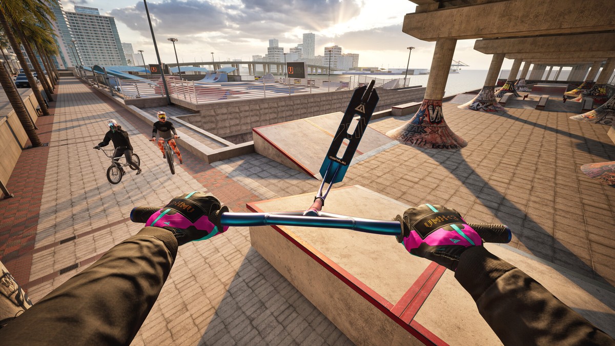 VMX VR BMX rider launching a jump in a skatepark