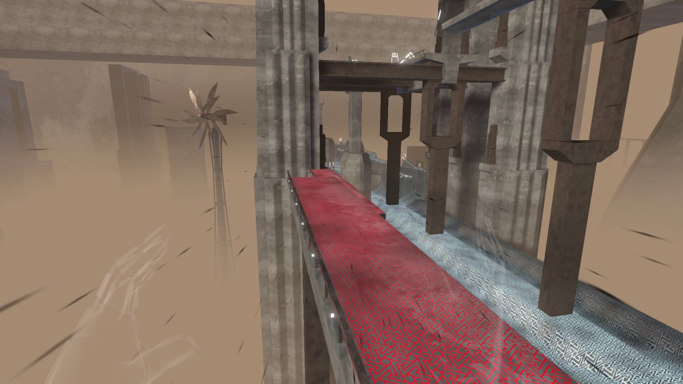 ZipRush: Surf the Void gameplay — racing across ruined vertical surfaces in VR