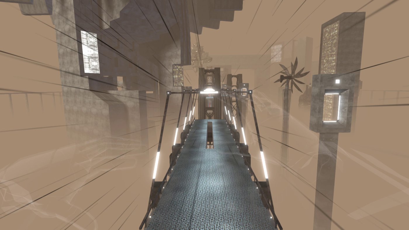 ZipRush player surfing a curved track high above a ruined landscape