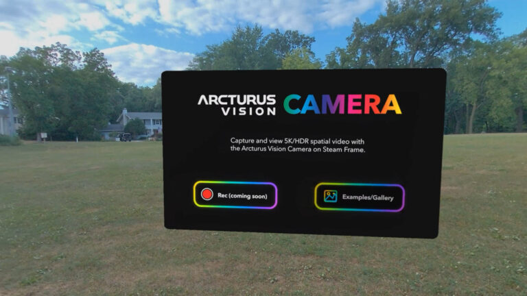 Arcturus Vision Camera app title panel floating over a park in Steam Frame color passthrough