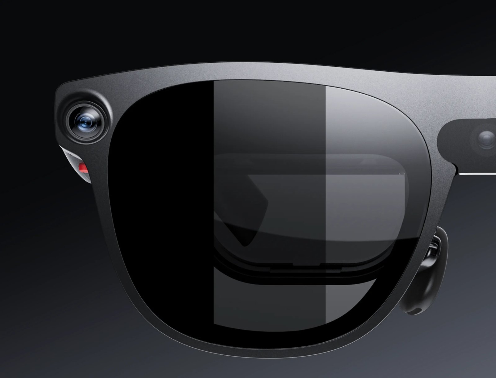 XREAL AURA lens showing electrochromic dimming levels and world-facing camera