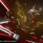 Beat Saber Ghostbusters Shock Drop screenshot with ghost-themed lighting and slime-striped notes