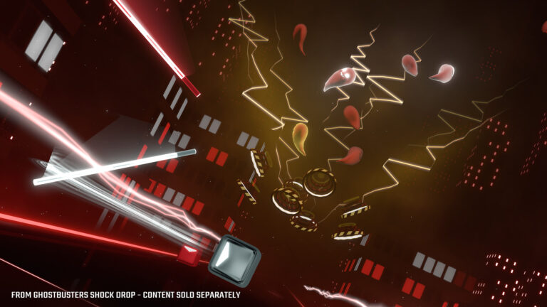 Beat Saber Ghostbusters Shock Drop screenshot with ghost-themed lighting and slime-striped notes