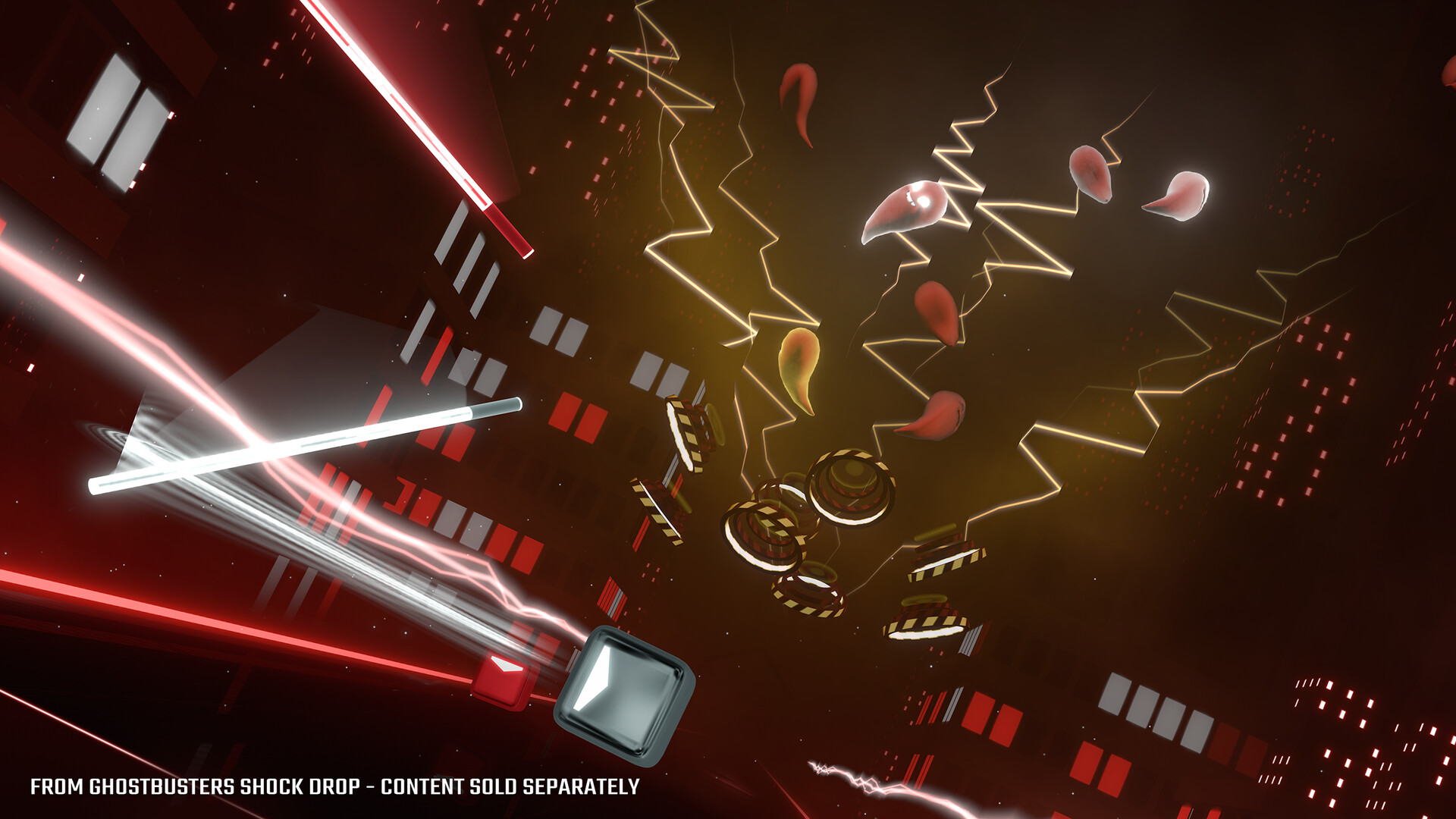 Beat Saber Ghostbusters Shock Drop screenshot with ghost-themed lighting and slime-striped notes