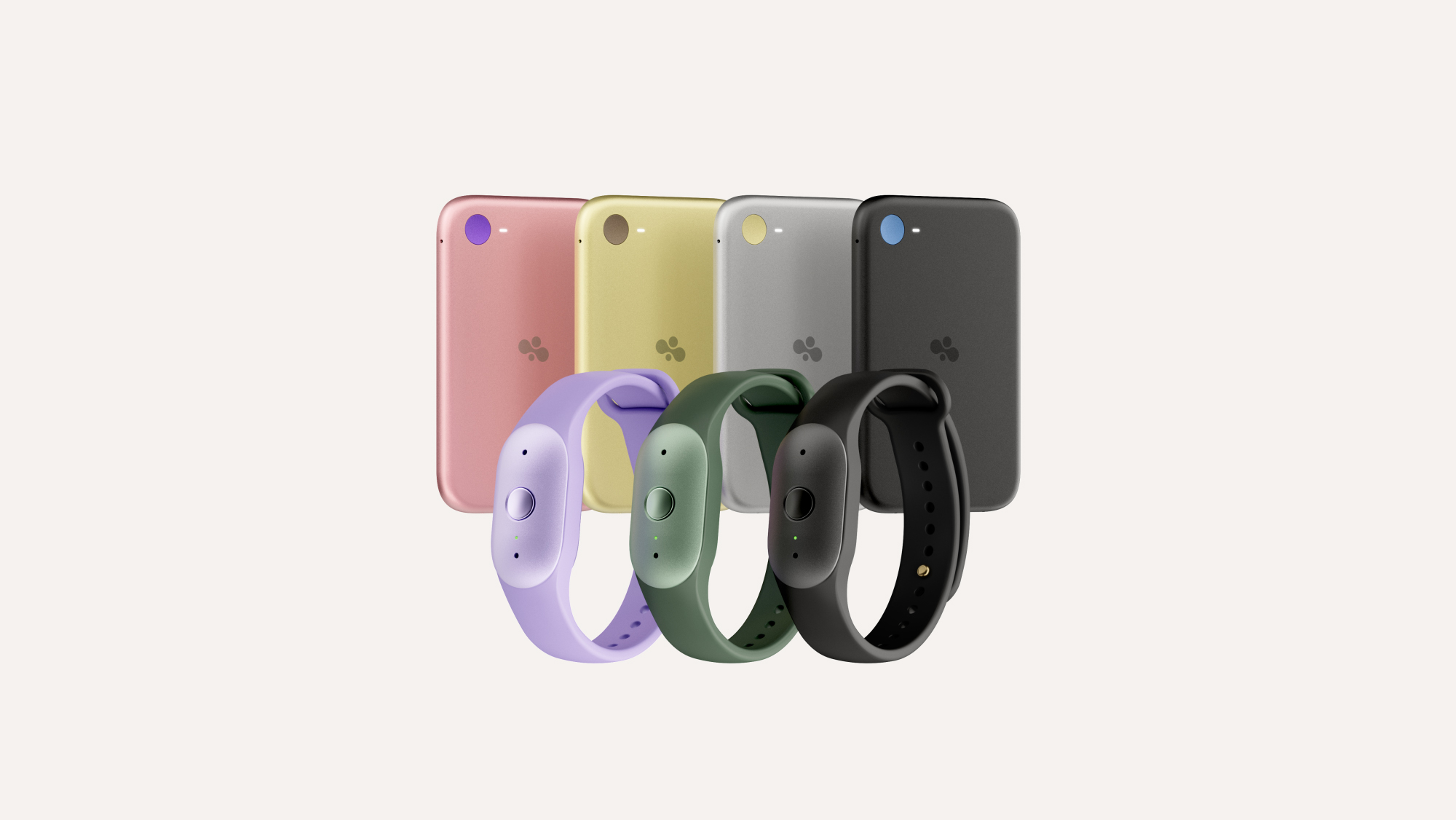 Amazon Bee Frontier wristbands in Lavender, Sage and Onyx in front of Bee Eclipse phone attachments. Image: Amazon
