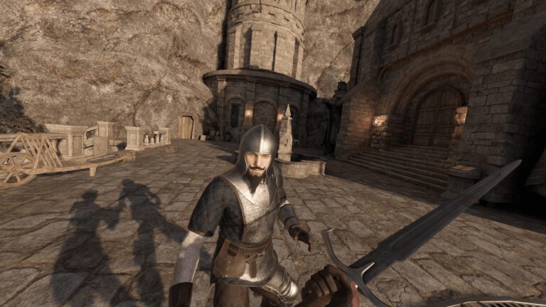 Blade & Sorcery Steam store screenshot showing an armored soldier in a stone courtyard