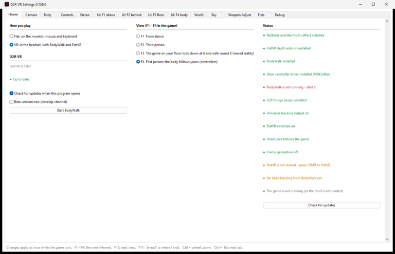 D2R VR Settings Home tab from version 0.138, showing view selection and status checks