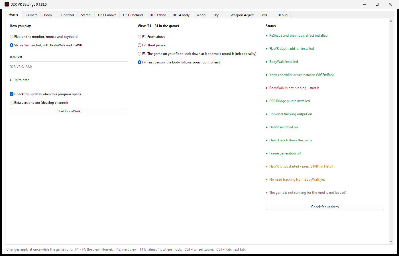D2R VR Settings Home tab from version 0.138, showing view selection and status checks
