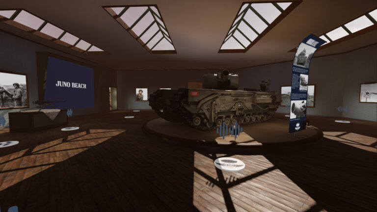 D-Day VR Museum Juno Beach gallery with a Churchill tank exhibit, from the Steam store page