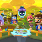 Players gathered around a table in a cartoon lobby in Owlchemy Labs’ co-op VR game Dimensional Double Shift, official Steam screenshot