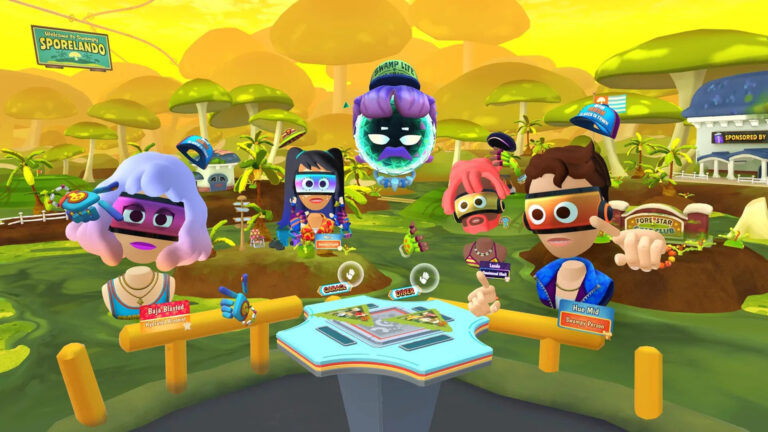 Players gathered around a table in a cartoon lobby in Owlchemy Labs’ co-op VR game Dimensional Double Shift, official Steam screenshot
