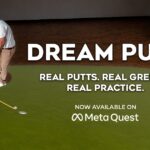 Golfer wearing a Meta Quest 3 headset putting a real golf ball while a virtual green appears in mixed reality in Dream Putt
