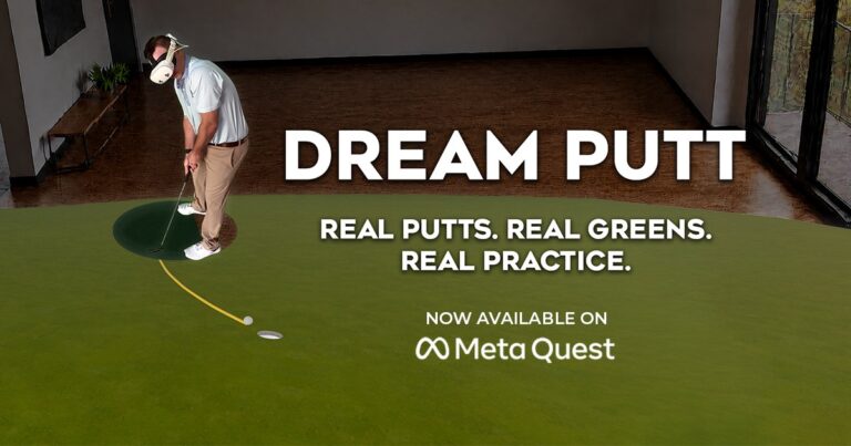 Golfer wearing a Meta Quest 3 headset putting a real golf ball while a virtual green appears in mixed reality in Dream Putt