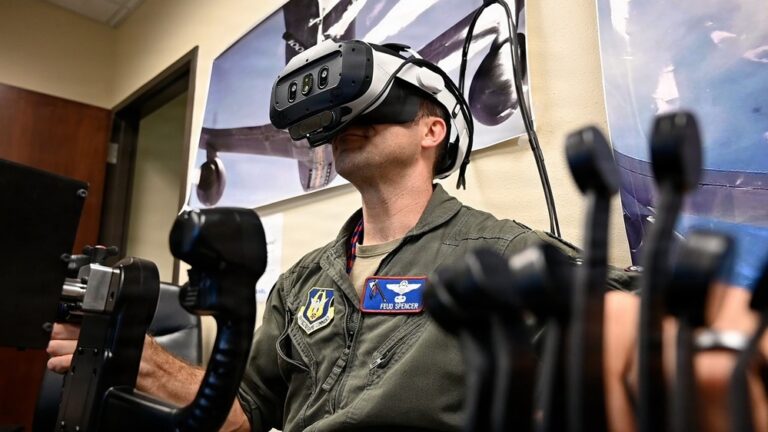U.S. Air Force Lt. Col. Kiel Spencer practices B-52H air refueling on the EARL virtual reality trainer at Barksdale Air Force Base