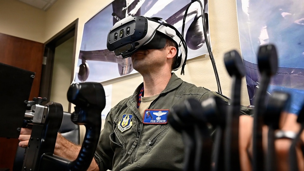 U.S. Air Force Lt. Col. Kiel Spencer practices B-52H air refueling on the EARL virtual reality trainer at Barksdale Air Force Base