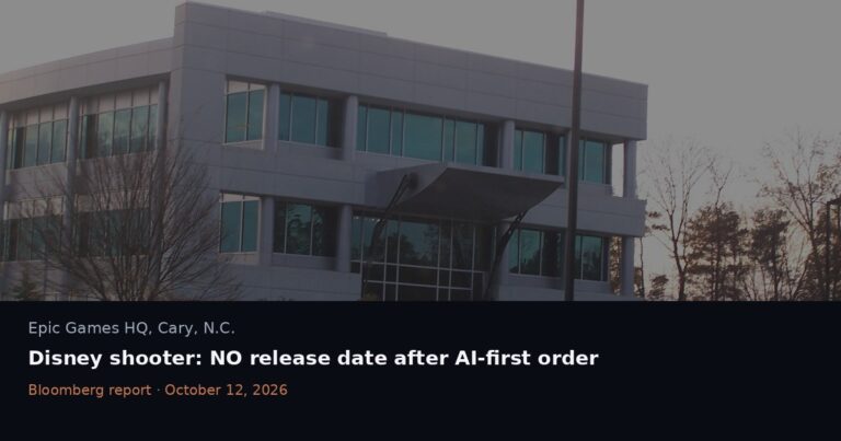 Epic Games headquarters in Cary, North Carolina, with caption about Disney shooter delay