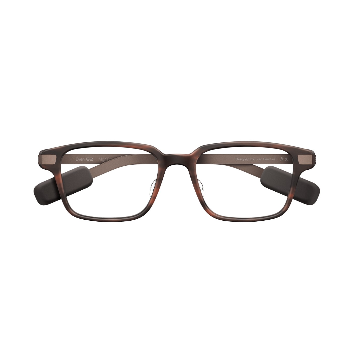 Even G2 Frame B smart glasses in the Brown 2 tortoiseshell finish, front view with temples folded