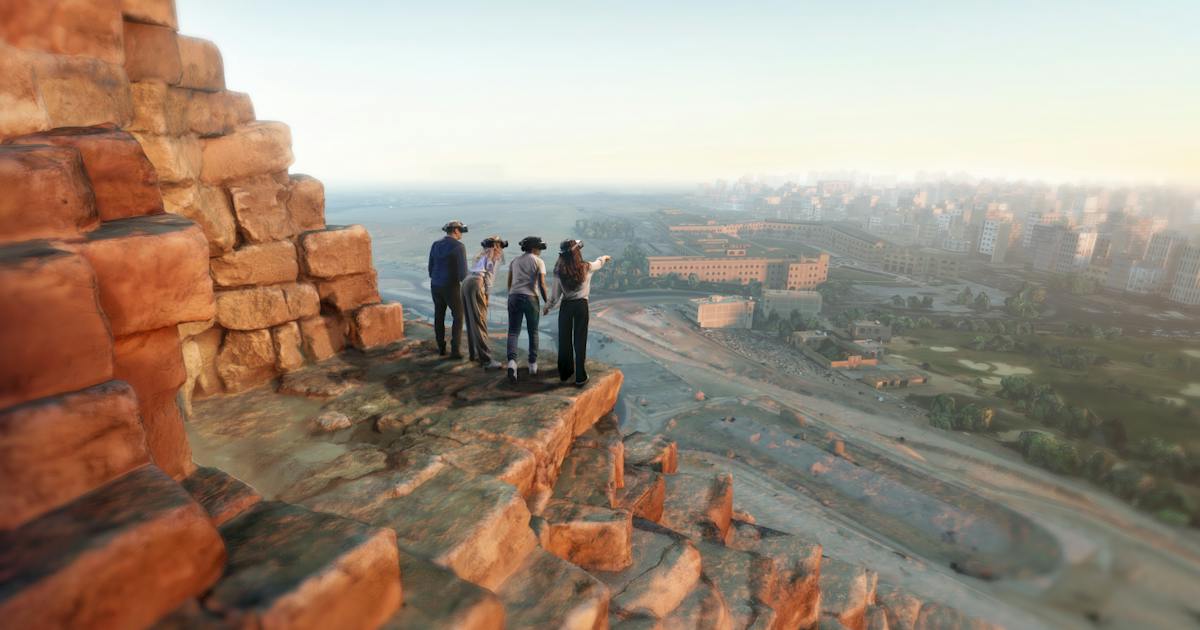 Visitors in VR headsets stand on a virtual Great Pyramid ledge in Excurio Horizon of Khufu, an LBXR Pulse expedition