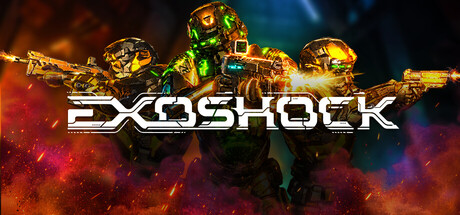 EXOSHOCK key art showing an armored soldier, the co-op VR shooter now in Early Access on Quest 3 and Steam