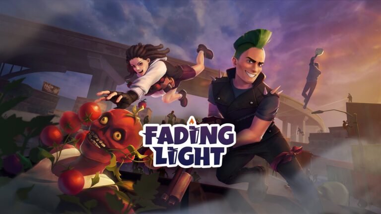Fading Light VR key art from Joy Way showing two players vaulting over a zombie-filled city street