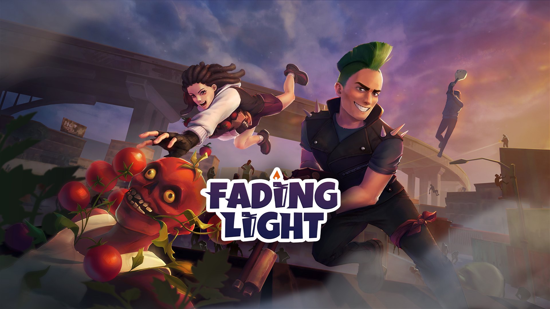 Fading Light VR key art from Joy Way showing two players vaulting over a zombie-filled city street