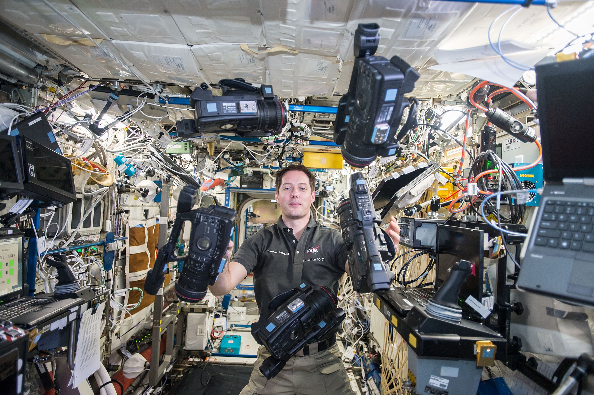 ESA astronaut Thomas Pesquet with video cameras aboard the ISS Destiny lab