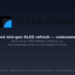 Steam Frame logo on dark panel summarizing reported Plano OLED display claims