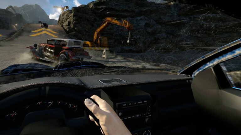 FlatOut 4: Total Insanity VR cockpit view with the player's hand on the wheel as a rusty hot rod skids across a quarry track