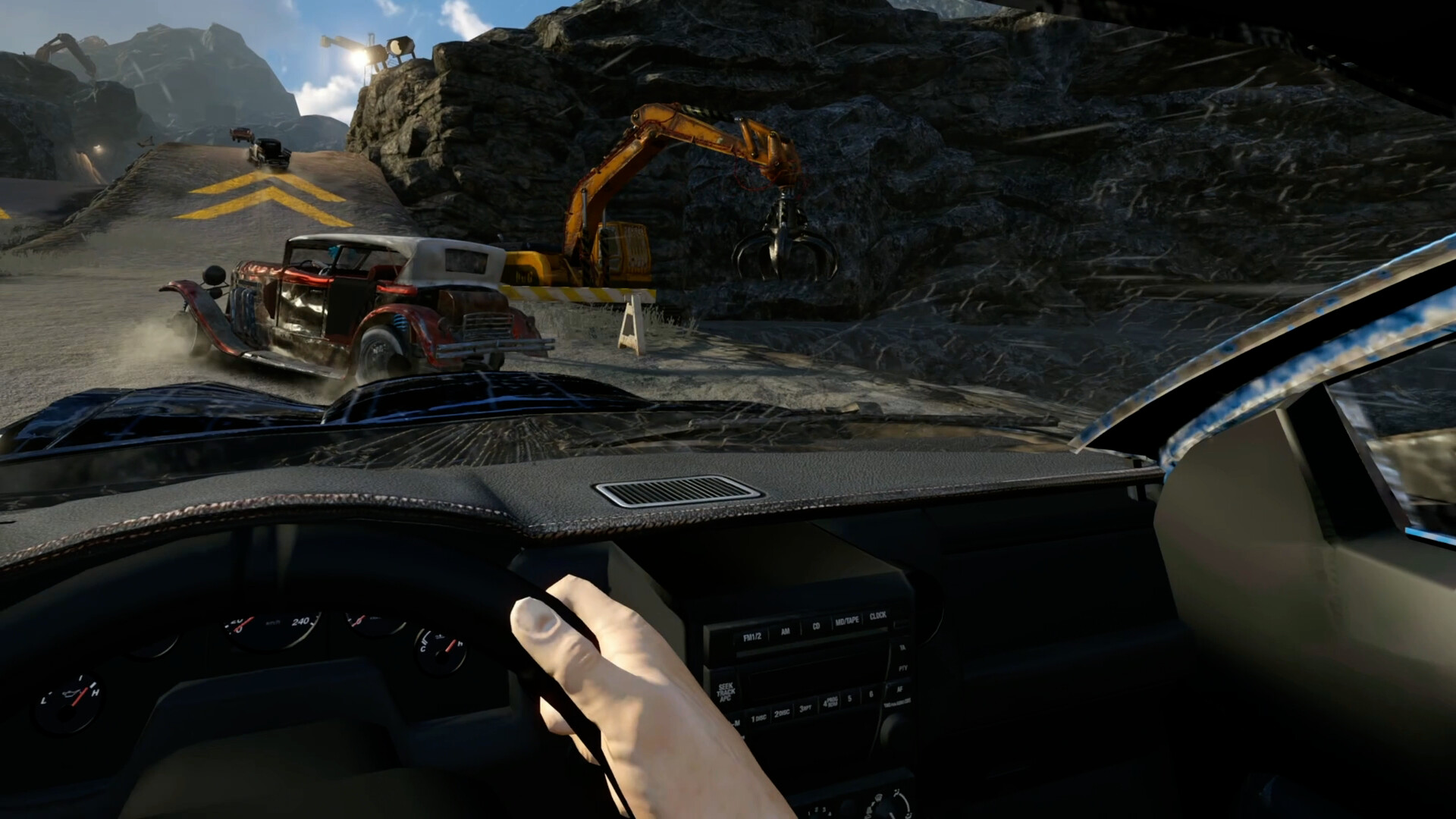 FlatOut 4: Total Insanity VR cockpit view with the player's hand on the wheel as a rusty hot rod skids across a quarry track