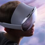 Samsung Galaxy XR headset, the first Android XR device, worn in profile against a pastel sky (Samsung press image)