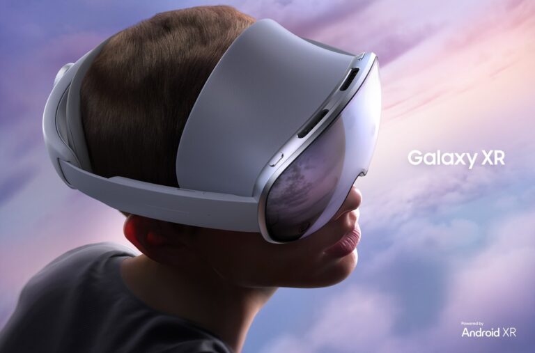 Samsung Galaxy XR headset, the first Android XR device, worn in profile against a pastel sky (Samsung press image)