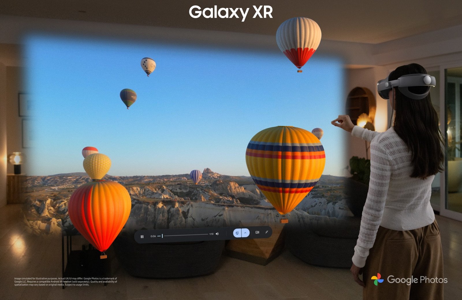 Woman wearing Galaxy XR uses a pinch gesture to control an immersive Google Photos video of hot-air balloons in Android XR (Samsung press image)
