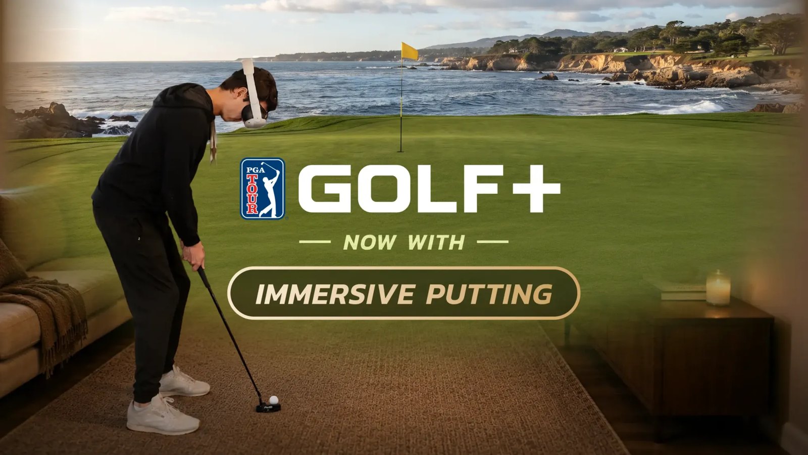 GOLF+ Immersive Putting promo: a player putts a real ball on a living-room floor wearing a Quest headset