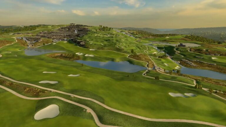 Aerial view of Tiger Woods' Payne's Valley course as recreated in GOLF+ on Meta Quest
