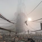 Half-Life: Alyx screenshot showing the Combine Citadel over City 17 rooftops, from the official Steam store page