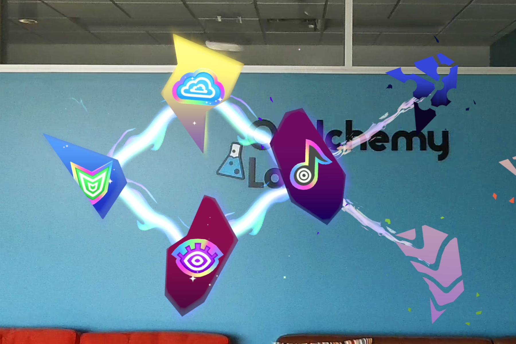 Hyper Visor screenshot: four glowing level-select crystals linked by energy beams, overlaid on an office wall bearing the Owlchemy Labs logo